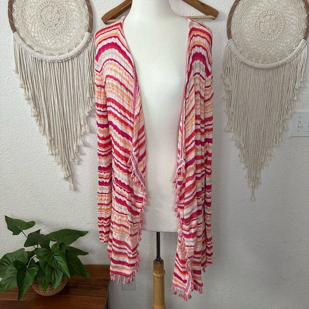 Chicos orange and pink striped open front long line waterfall cardigan XXL